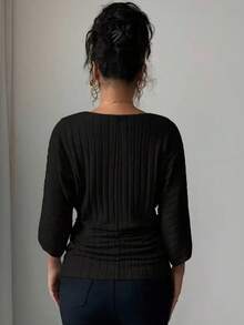 羅紋針織上衣，寬鬆休閒V領女款時尚優雅度假可愛上衣，大尺碼 - 黑色 - 查看 4