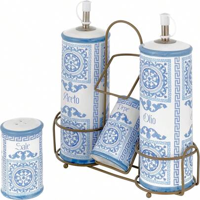  Baroni Home Küchenaccessoires, Kollektion Maioliche Blau, Menage für Öl, Essig, Salz und Pfeffer