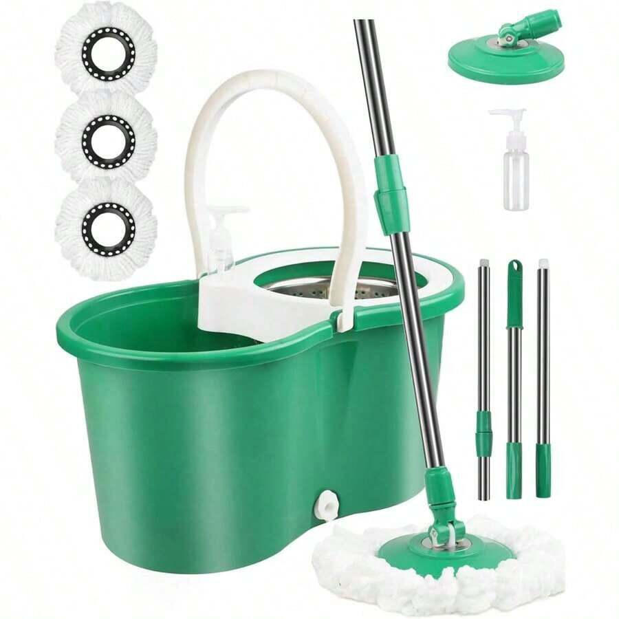 Spin Mop And Bucket With Wringer Set, 360 °   Mop And Bucket System With 3 Microfiber Mop Refills And 61 Extended Handle, Spinning Mop Bucket Floor Cleaning KFHF - Green - 查看 1