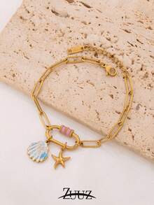 1pc Fashion Paper Clip Stainless Steel Elliptical Buckle Bracelet Shell Starfish Charm Bracelet For Women Ocean Pendant Chain Bracelet For Daily Decoration Best Friend Gifts - Bracelet - View 2