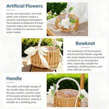 Wedding Flower Girl Basket Ribbon Bow Faux Flower Decor Petal Storage Woven Rattan Basket For Wedding Daily Picnic - Yellow - View 5