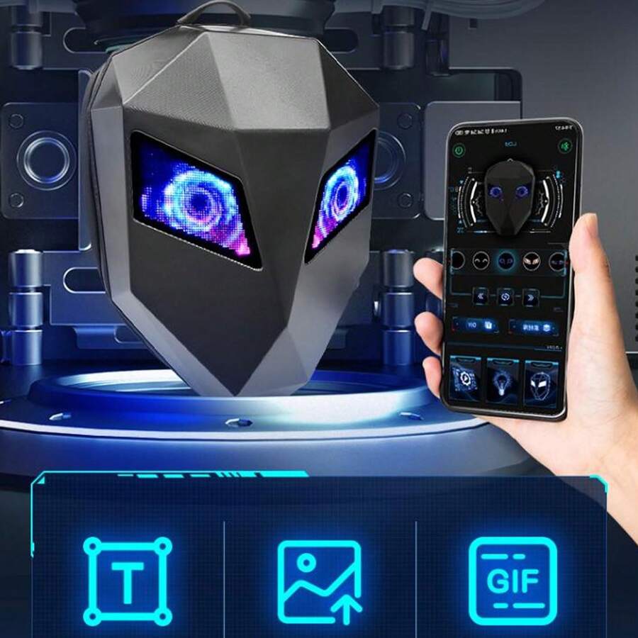 LED para Motocicleta, Mochila para Montar con Ojos LED Geniales con Pantalla a Color Programable por Bricolaje, Mochila para Casco Impermeable de Gran Capacidad para Hombre - Negro - Ver 1