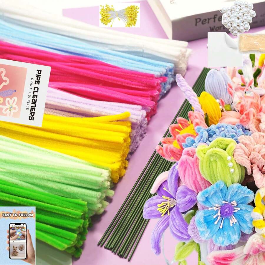 [Edição Limitada] 807 peças Conjunto de Hastes de Limpeza de Tubo de Grande Capacidade Rosa - Linha Floral Suave de 6 Cores em - Buquê do Dia das Mães, Buquê de Casamento, Fabricação de Joias, Acessórios para Cabelo, Decoração de Festa, Decoração Doméstica - Alta Qualidade, Sem Diferença de Cor - Conjunto de 823 peças - Visão 1