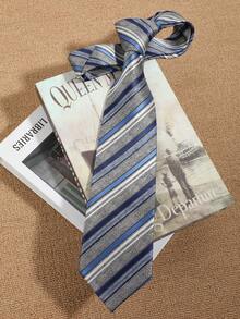 1pc Men's Versatile Blue And Gray Striped Tie, Suitable For Fashionable Casual Outfits - Multicolor - View 5