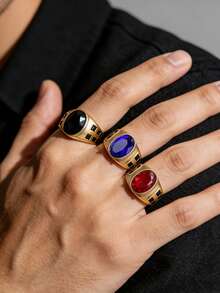 1枚男士金色椭圆形宝石印章戒指，简约不锈钢饰品，适合日常佩戴 - 戒指 - 查看 1