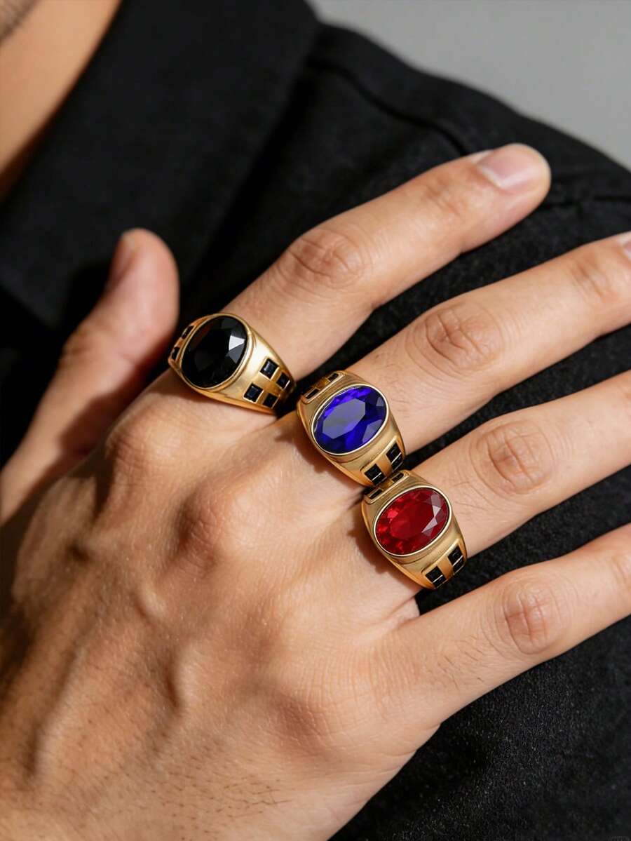 1枚男士金色椭圆形宝石印章戒指，简约不锈钢饰品，适合日常佩戴 - 戒指 - 查看 1