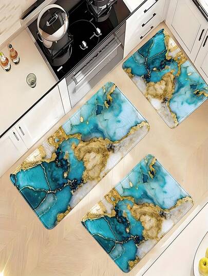 1 tấm thảm bếp họa tiết vân đá cẩm thạch xanh dương và vàng, thảm trang trí nhà bếp hình vuông bằng len giả, mềm mại và dễ lau chùi, thảm cửa ra vào thiết kế tạo không gian ấm cúng, thích hợp cho nhà bếp, phòng ăn, nhà nghỉ, khách sạn, phòng khách, hành lang, quà tặng ngày lễ, sản phẩm mới mùa xuân/hè.