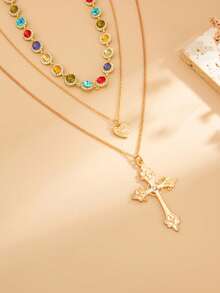 5 Pieces/Set Of Vintage Metal Sun Cross Pendant Long Necklace, Bohemian Colored Crystal Necklace, Luxurious Diamond Necklace, Suitable For Couples' Daily Wear - Multicolor - View 9