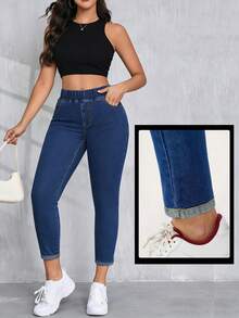 高腰弹力紧身牛仔裤，适合度假、日常穿着、办公场合，女士弹力腰深蓝色长裤，春夏休闲款 - 深色水洗藍 - 查看 8