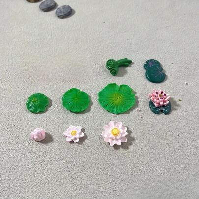 9 piezas Conjunto de flores de loto flotantes en miniatura con hojas de lirio de agua, conjunto de flores de loto y hojas de resina en miniatura para decoración de paisaje en microescala, decoración de jardín DIY