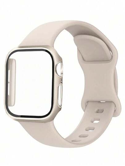 1 Set 3-In-1 Fashion New Minimalist Solid Color Silicone Watch Band And Case Membrane Integrated PC Hard Protective Shell For Apple Watch Series Ultra SE/9/8/7/6/5/4/3/2/1, 38MM 40MM 41MM 42MM 44MM 45MM 49MM, Scratch-Resistant, Waterproof, Shockproof, Comfortable Breathable Sports Strap Smartwatch Replacement Band