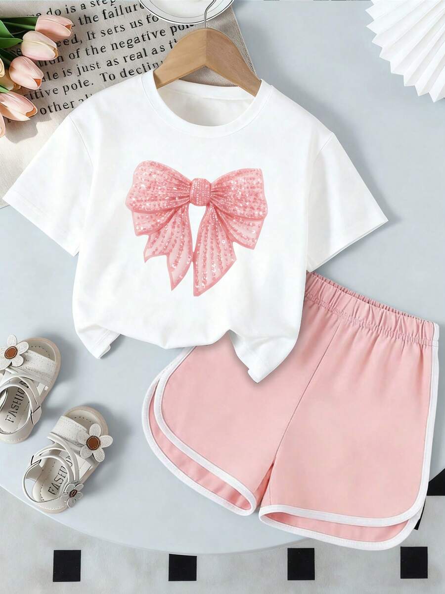 Young Girl Summer Butterfly Print Short Sleeve T-Shirt And Shorts Set - Pink - View 1