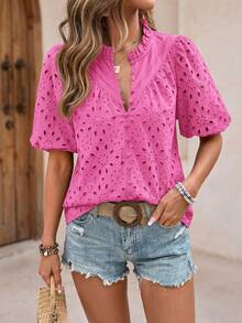 PRETTYGARDEN Women's Summer Clothes Tops Fashion Casual Short Sleeve V Neck Buttons Hollow Eyelet Lace Embroidered Blouses Shirts Festival  Beach Vacation - 玫粉色 - 查看 6