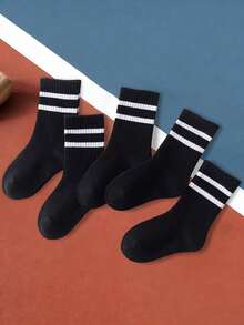 5 Pairs Kids Breathable Socks, Unisex Black Stripe Round Neck Casual Odor-Resistant Sports Socks For Boys And Girls, Spring/Summer - Multicolor - View 5