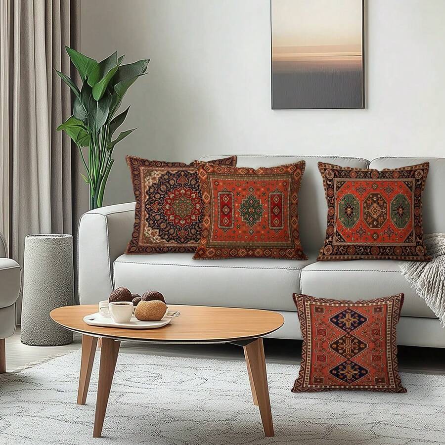 4 buc. fețe de pernă decorative din catifea, stil boem, cu model geometric negru și roșu, 100% poliester, decor pentru canapea și dormitor în living, fără inserții de pernă, 40x40cm/45x45cm/50x50cm - Geometrie boemă - Vizualizare 1