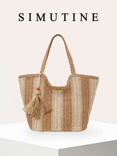 SIMUTINE 大容量草编手提包，女士新款编织托特单肩包，适合通勤、度假、海滩、日常使用，也适合购物、旅行、工作、大学等场合。