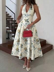 Unadoll 女士优雅印花露背中长连衣裙，适合派对、婚礼宾客、夏季度假穿着 - 黃色 - 查看 1