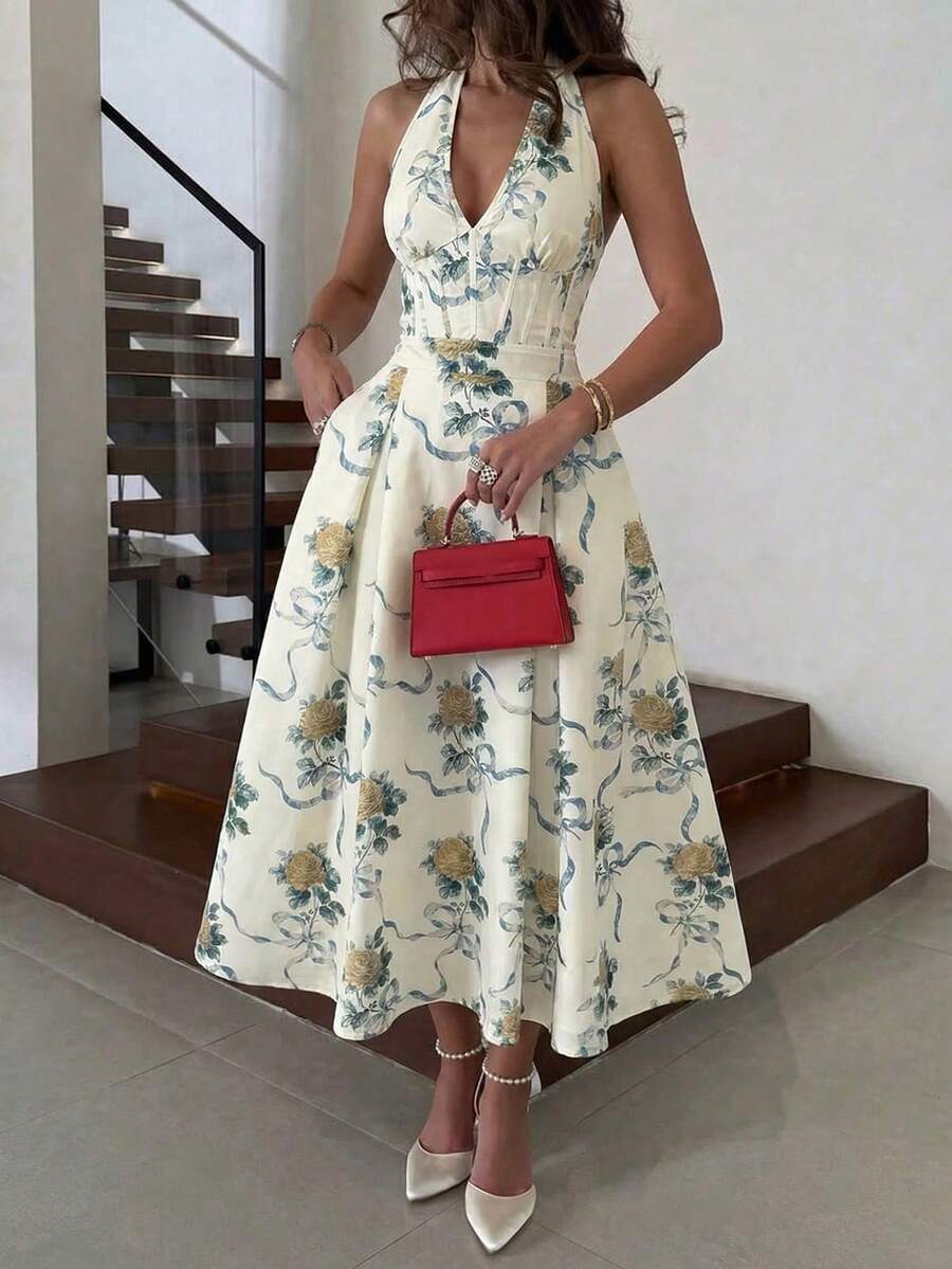 Unadoll 女士优雅印花露背中长连衣裙，适合派对、婚礼宾客、夏季度假穿着 - 黃色 - 查看 1