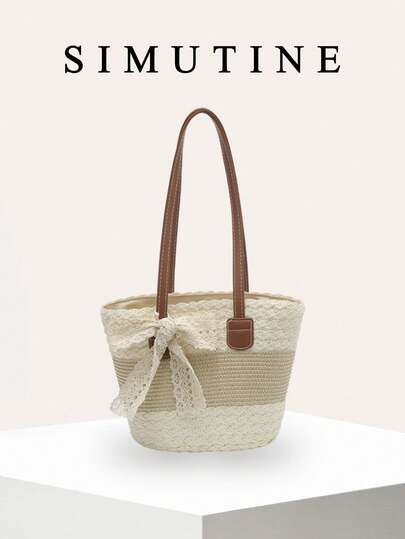 SIMUTINE 新款女士沙滩度假手提包，春夏时尚单肩包，手工编织草编篮包，编织面料，日常使用包，适合购物、通勤、工作、大学等场合