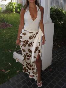 Summer Party Gown Attire Y2K Halter V Neck Floral Print And Chic Spaghetti Strap Long Dress - 米白色 - 查看 3