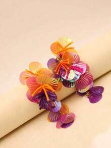 Handmade Colorful Hot Pink Shell Sequin Beaded Flower Drop Earrings Statement Earrings For Girl And Women Gift For Her Summer Vacation Beach - 色彩繽紛 - 每隻耳環由 4 朵手工製作的花朵組成 - 查看 2