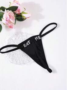 1 chiếc quần lót dây mảnh khoét rỗng đính đá hình chữ cái, đồ lót gợi cảm cạp thấp. - màu đen - Xem 11