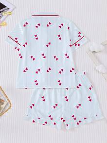 2件組青少年女孩可愛愛心印花睡衣，新款阻燃領口開襟衫與鬆緊腰褶邊短褲套裝，藍白條紋配紅心圖案，休閒居家穿著 - 淺藍色 - 查看 2