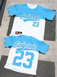 1 pieza Camiseta de manga corta de cuello redondo suave y cómoda con bloqueo de color y letra de California para niños, adecuada para deportes al aire libre, primavera/verano - Celeste - Ver 7