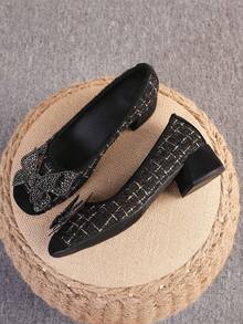 Sapatos femininos de bico quadrado e salto grosso, modelos versáteis com laço, mocassins estilosos, salto alto preto, tamanhos 35 a 43 (calça um número maior). - Ouro negro (laço de strass) - Ver 15