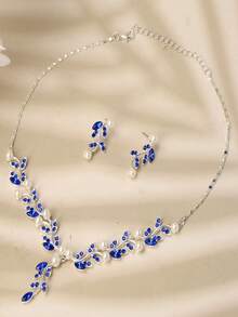 3件套女士合金珍珠水钻简约项链耳环套装，适合婚礼和派对佩戴 - 銀藍 - 查看 3