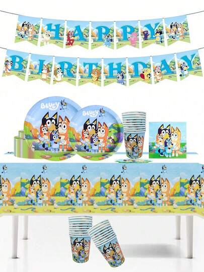  50/66Pcs Bluey Themed Disposable Tableware Set, Uncoated Tableware, Plates, Cups, Paper Towels, Suitable For Birthday Parties, Wedding Banquets, Graduation Ceremonies, Festivals, Outdoor Camping, Family Gatherings, Barbecue Layouts And Decoratio