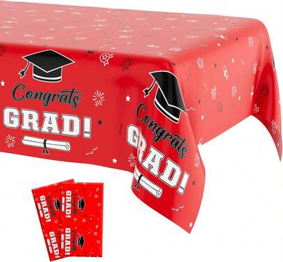 2pcs Red Black Congrats Grad Disposable Tablecloths Class Of 2026 Graduation Party Decorations 108 X54 Rectangle Plastic Table Covers For Celebration Supplies