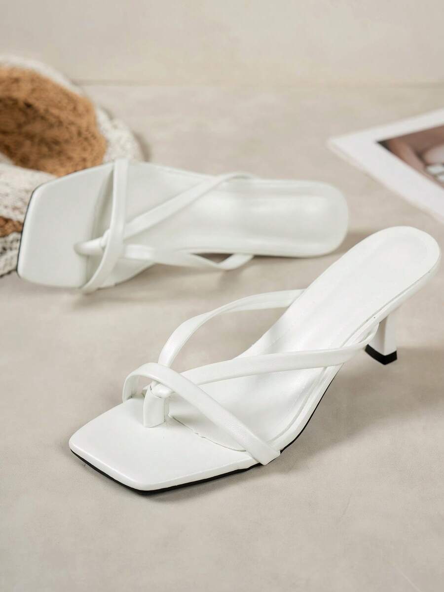 多带交叉设计白色方头细高跟拖鞋，时尚高跟穆勒鞋，舒适白色高跟鞋，猫跟，优雅女士高跟鞋，适合任何正式场合，人字拖，夏季鞋履 - 白色 - 查看 1