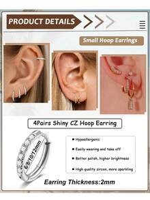 4 Pairs/1 Pair Elegant Earrings For Women, Stainless Steel Hoop Earrings. Gold-Tone Summer Earring Set, Jewelry For Females. Golden Jewelry. Silver Hoop Earrings With Cubic Zirconia, Suitable For Wearing On Cartilage, Earlobe, Helix. These Earrings Are Lightweight And Hypoallergenic (6mm/8mm/10mm/12mm). Suitable For Daily Wear, Parties, Vacations, Swimwear - As Shown - View 5