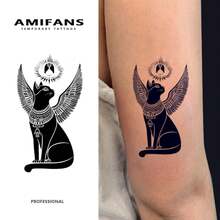 AMIFANS 临时纹身贴纸，埃及芭丝特猫图案，半永久纹身，可持续1-2周，持久纹身，果汁纹身，逼真纹身，浪漫纹身，仿真纹身，防水，外观逼真，小众设计纹身，水果纹身，植物纹身 - 黑色 - 查看 1