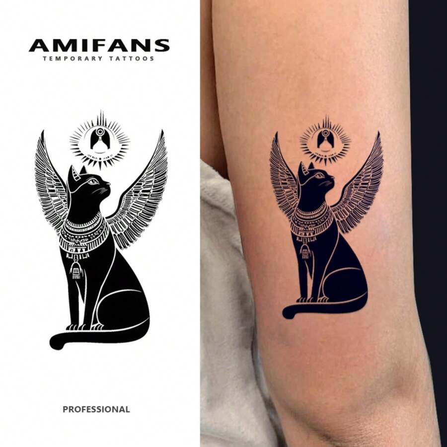AMIFANS 临时纹身贴纸，埃及芭丝特猫图案，半永久纹身，可持续1-2周，持久纹身，果汁纹身，逼真纹身，浪漫纹身，仿真纹身，防水，外观逼真，小众设计纹身，水果纹身，植物纹身 - 黑色 - 查看 1