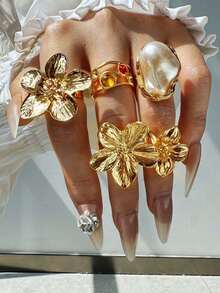 33/26/21/18/15/9/6pcs Set Vintage Bohemian Style Minimalist Elegant Retro Design Stackable Rings, Includes Floral, Bow, Pearl, Twist, Heart, Rhinestone, Leaf, Moon, Star, Eye, Geometric, Cross, Thick Rings, Suitable For Holidays, Parties, Dates, Gifts, Daily Wear (Random Assortment) - Multicolor - View 5