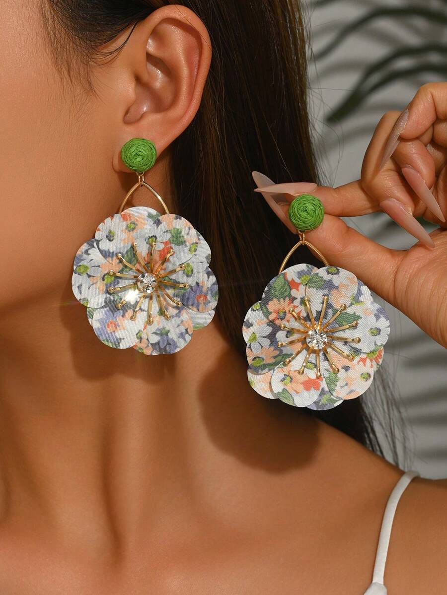 1 Pasang Anting Rumbai Bunga Kain Rafia Gaya Mori yang Manis dan Segar, Cocok untuk Liburan dan Pemakaian Sehari-hari Wanita - Hijau - View 1