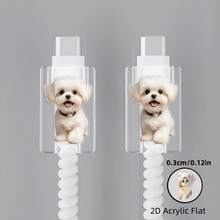 2pcs Cute White Maltese Dog Pattern Acrylic Data Cable Protector, Anti-Breakage, Stylish And Durable, Suitable For Type-C Phone Charging Cables - Multicolor - View 8