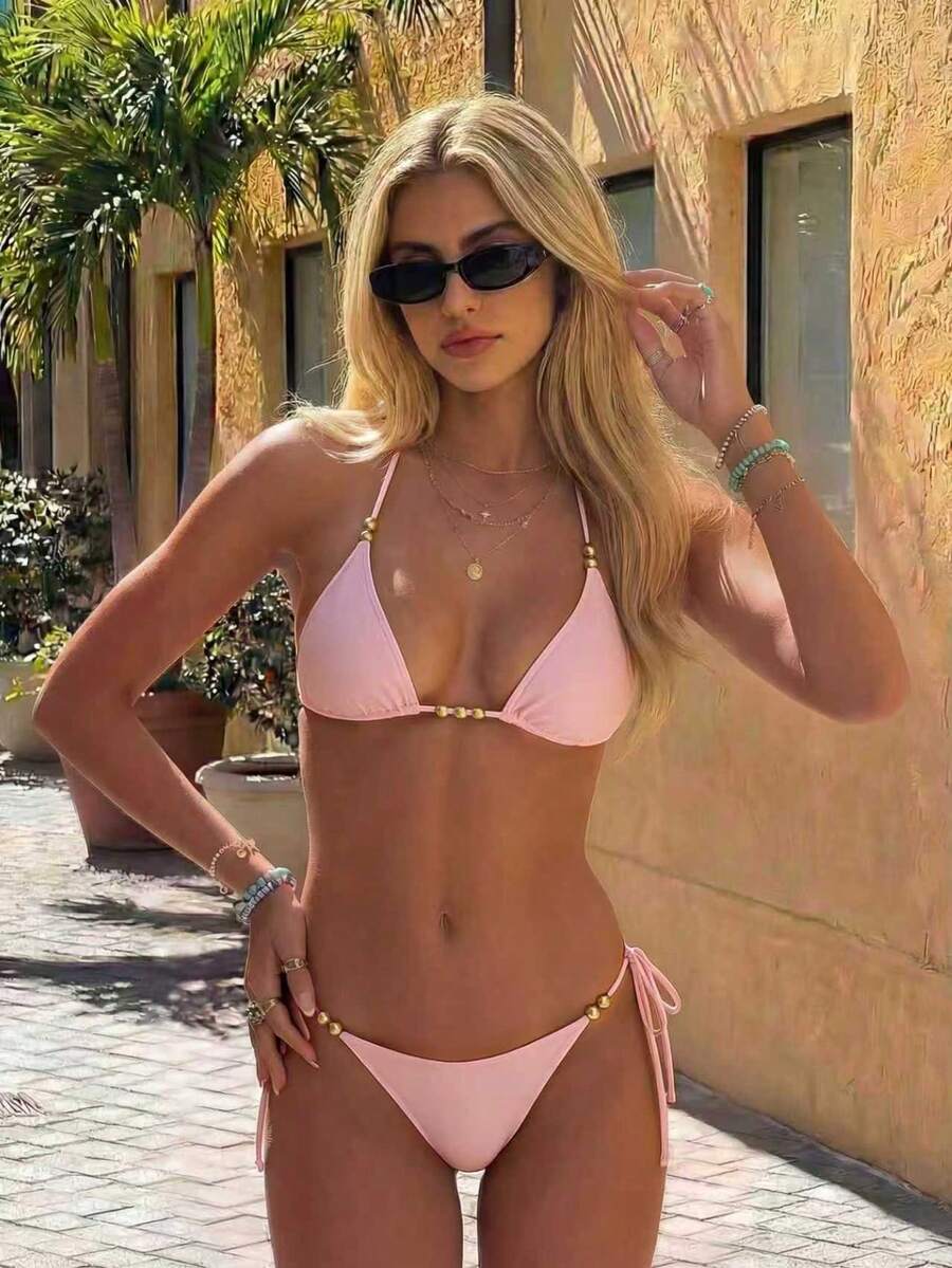 Bộ đồ bơi hai mảnh Lucky Girl Summer màu đen đính hạt cườm, kiểu dáng mới, thích hợp cho kỳ nghỉ biển. - màu hồng nhạt - Xem 1