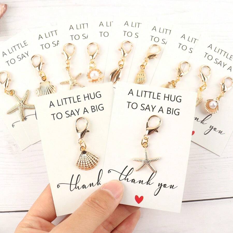 11件迷你独特魅力海星、贝壳、海螺钥匙扣和感谢卡，趣味海洋主题钥匙扣，非常适合海滩度假、生日派对、婚礼、迎婴派对、毕业典礼、返校季、友谊日等场合，感谢礼物 - 彩色 - 查看 1