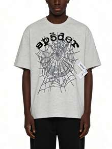 Sp5der Spider Letter Graphic T-Shirt , Hip Hop Streetwear Oversized Tee ,Casual Cotton Shirt - Light Grey - View 5