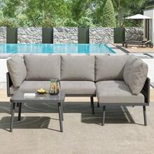 Garden Lounge Set Made Of Iron, Garden Furniture Set Made Of Green Rope, L-Shaped Garden Furniture Set, Lounge Set Made Of Green Rope With Seat Cushions, Adjustable Feet, 2 Sofas And 1 Table - Grey - View 4