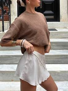 Women's Knit Sweater, Spring/Summer Short Sleeve Crew Neck Knit Top, Solid Color Versatile Daily Wear - Brown - View 4