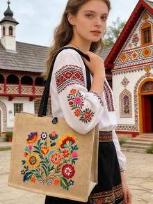 Conjunto de bolso bohemio con estampado floral, conjunto de bolso y cartera de mujer, decoración minimalista, estilo de impresión mexicana que incluye bolso de tela y monedero, bolso de mujer de gran capacidad con estilo de arte de Europa del Este, bolsa de almacenamiento de cosméticos, bolso de tela grande de capacidad minimalista, bolsa de compras casual portátil, bolsa de compras multifuncional. Pequeño regalo de intercambio para la escuela, campus y viajes, Ramadán, Día de la Madre, Día de San Valentín - Multicolor - Ver 3