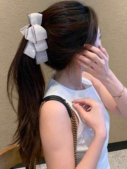 1pc Mesh Bow Polka Dot Banana Clip, Women's Fashionable Rhinestone Hair Clip Accessory