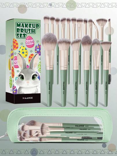 MAANGE 18件套专业化妆刷套装，含化妆包和纸盒，刷毛柔软，方便携带，包括粉底刷、散粉刷、腮红刷、眼影刷、晕染刷、眉刷，旅行化妆刷套装，复活节化妆刷套装，复活节女士化妆工具，复活节礼物