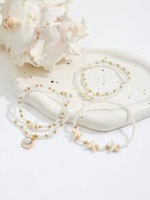 5pcs Bohemian Style CCB Beaded Starfish Stretch Bracelet Set, Faux Pearl & Shell Starfish Multi-Layer Bracelet For Women - Gold - View 2