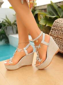 Women's Transparent Rhinestone Butterfly Wedge Sandals, Open Toe Woven Texture High Heel, Summer Party Beach Holiday Shoes - Silver - View 3