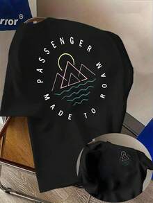 Men's White Mountain & Wave Print T-Shirt With Passenger Lettering & Scenic Road Graphic - Multicolor Gradient (Green/Red/Pink/Beige/Grey/Black/Golden/Blue/Purple) - Casual Outdoor Adventure Travel Short Sleeve Round Neck Summer Tee For Road - 黑色 - 查看 2